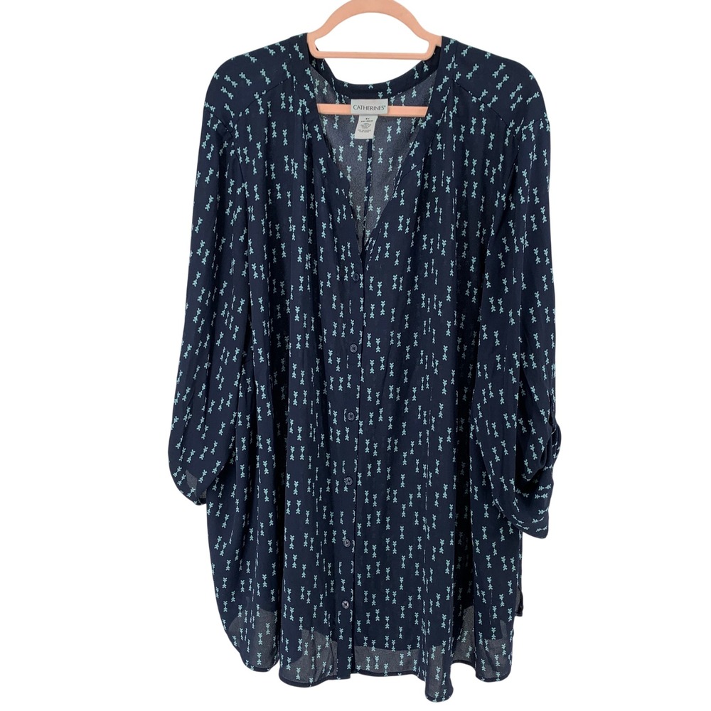 Catherines 5X 34/36W Navy & Teal Geometric Print Roll Tab Sleeve Button Front